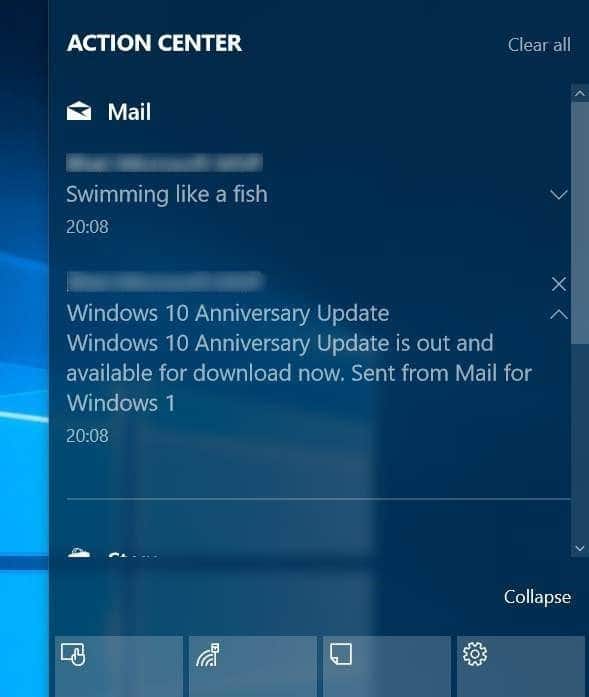 turn on off email notifications in action center Windows 10