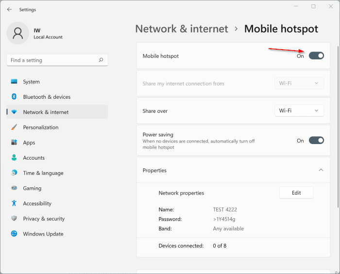 turn on or off mobile hotspot in Windows 11 pic5