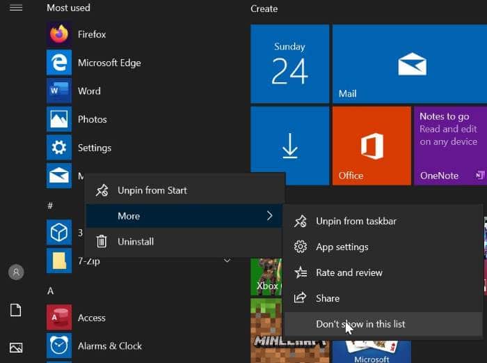 turn on or off most used apps in Windows 10 Start menu pic1