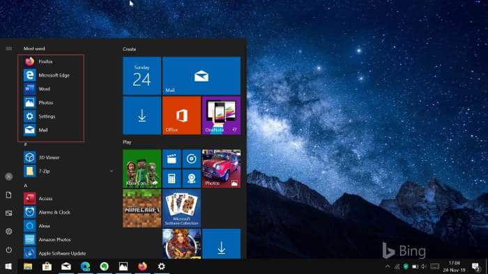 turn on or off most used apps in Windows 10 start menu