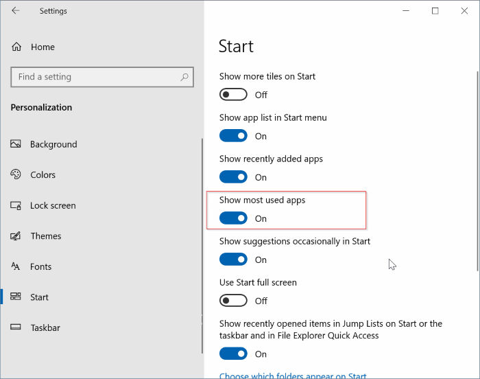 turn on or off most used apps in Windows 10 Start