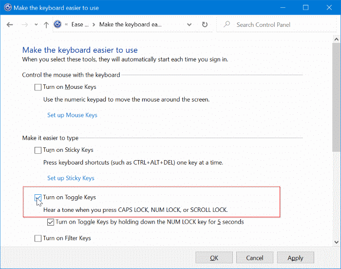 turn on or off sound & visual indicator for caps lock & num lock in Windows 10 pic6