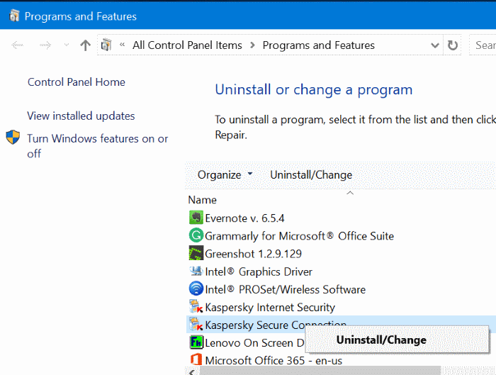 uninstall and remove kaspersky secure connection pic2