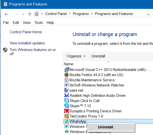 uninstall and remove whatsapp desktop app step3