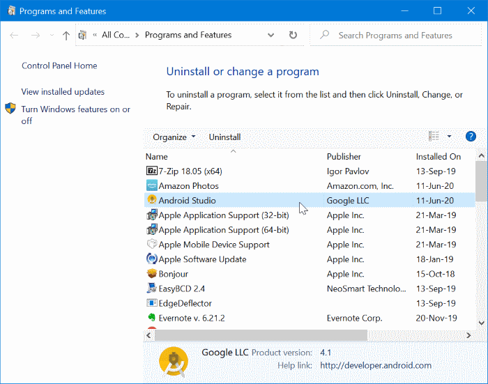 uninstall android studio pic1