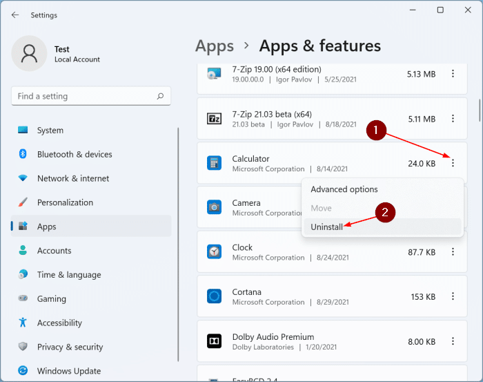 uninstall apps in Windows 11 pic2