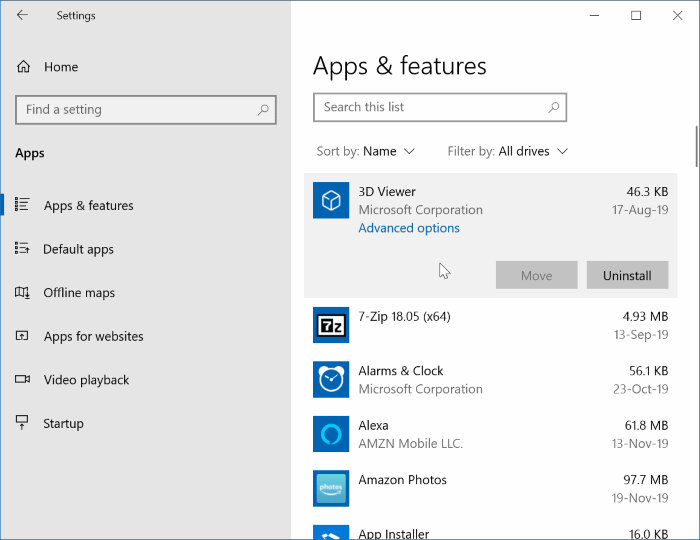 uninstall default apps in Windows 10 pic1