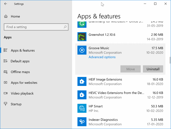 uninstall groove music from Windows 10