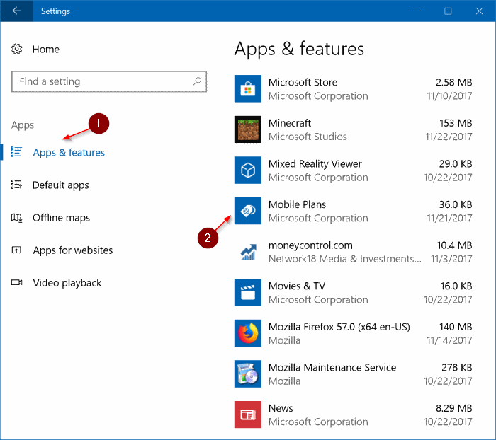 uninstall mobile plans app from Windows 10 pic1