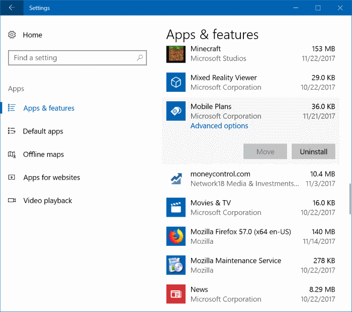uninstall mobile plans app from Windows 10 pic2