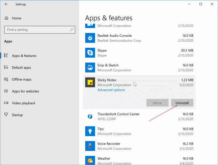 uninstall sticky notes in Windows 10