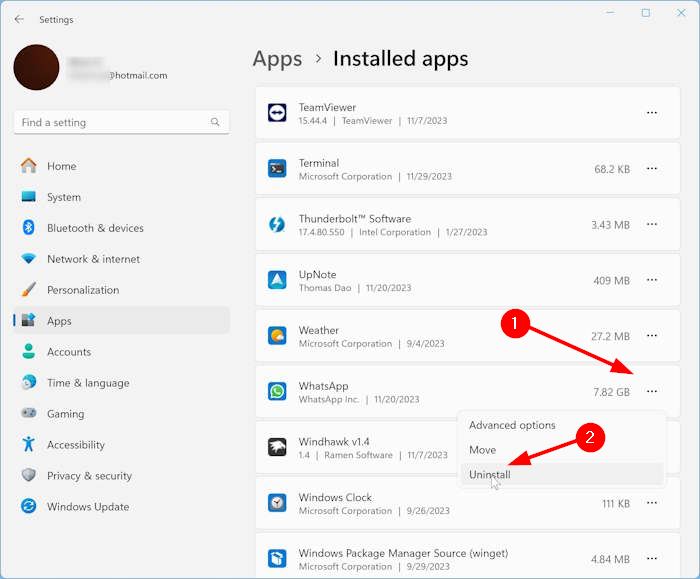 uninstall whatsapp desktop from Windows 11
