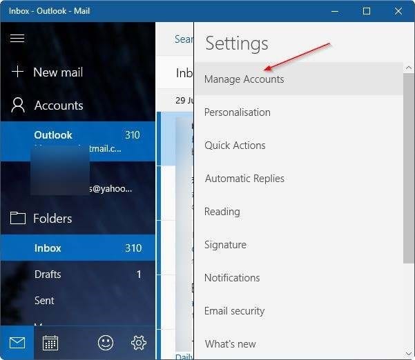 update email password in Windows 10 mail app step2