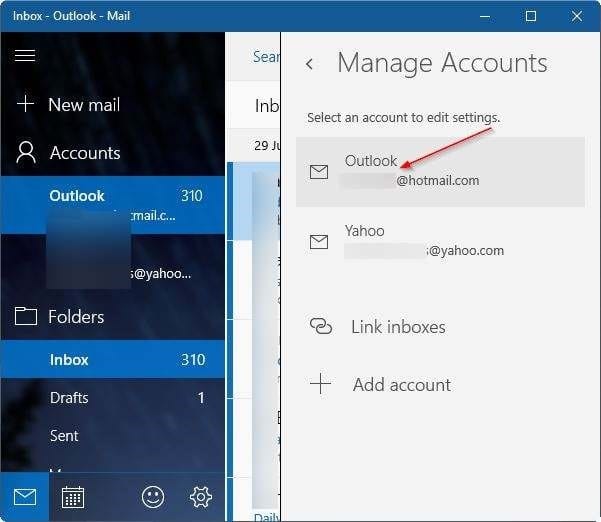 update email password in Windows 10 mail app step3