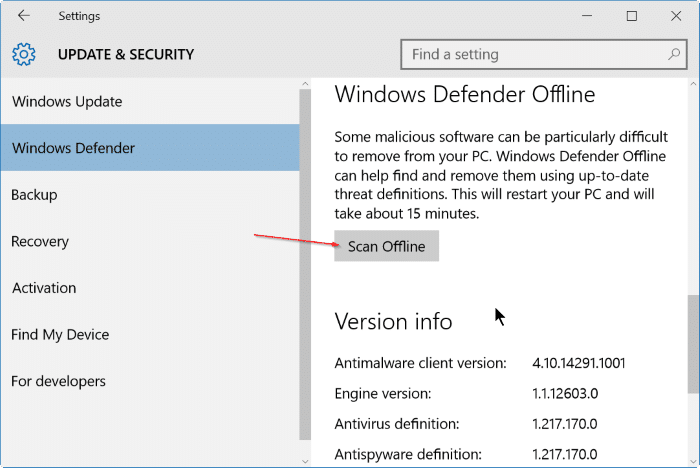 use Windows defender offline scan in Windows 10 step3