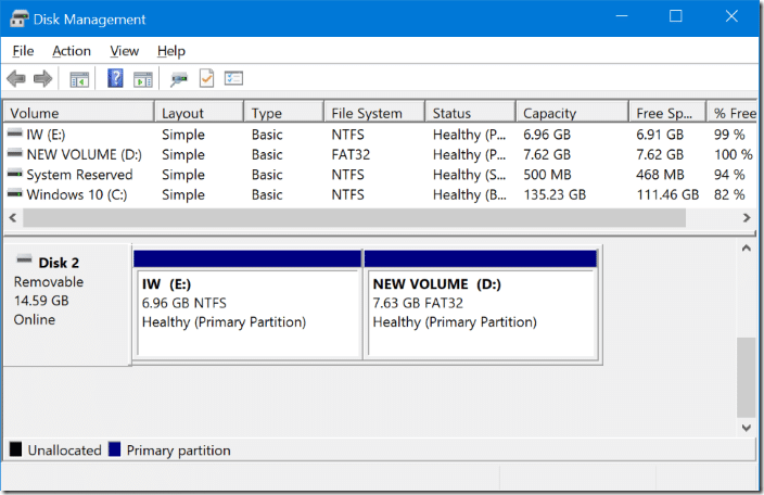 use disk management to partition USB on Windows 10