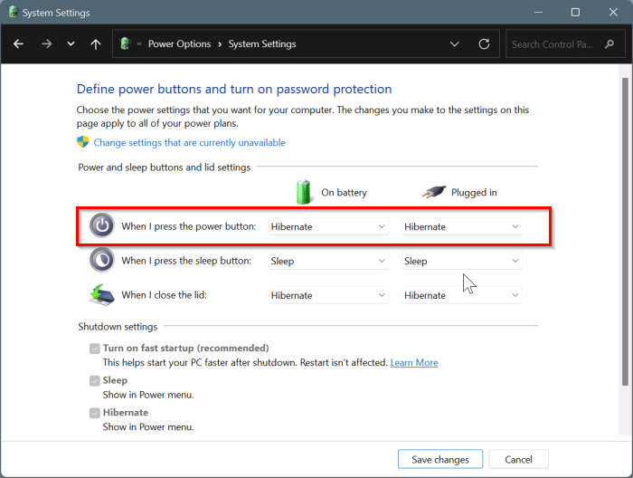 use power button to shut down or hibernate in Windows 11 pic3