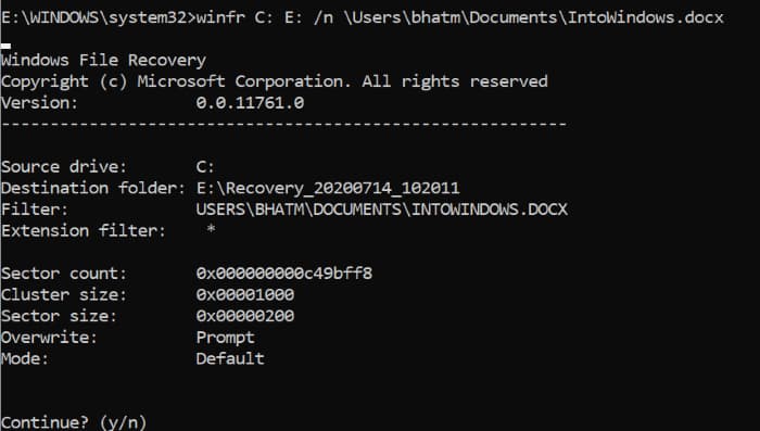 using windows file recovery app in Windows 10 pic3