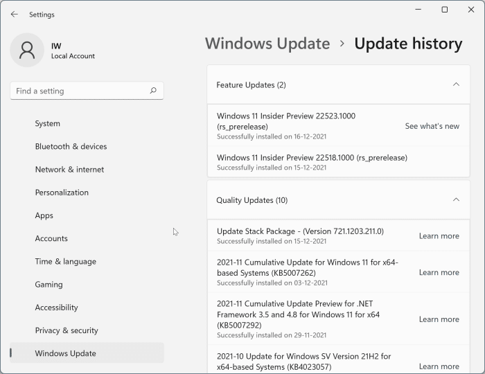 view Windows update history in Windows 11 pic3