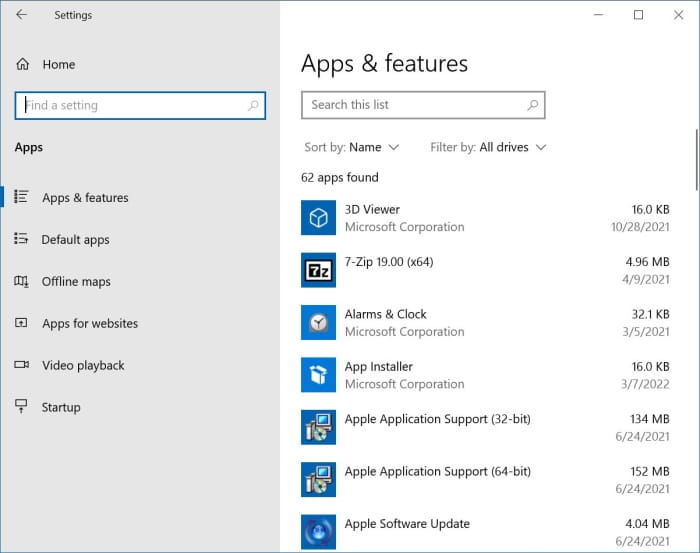 view all installed programs and apps Windows 10