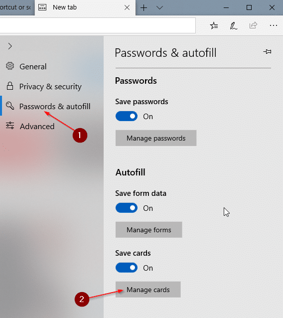 view and delete credit cards saved in Edge in Windows 10 pic2