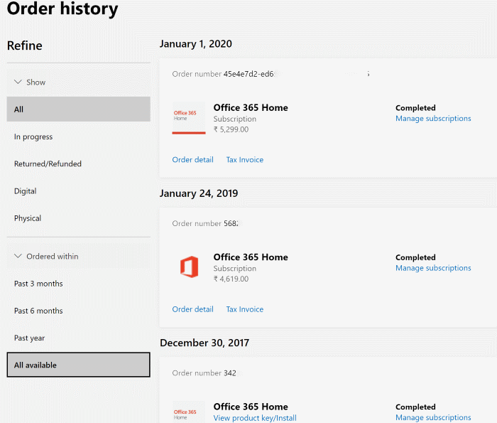view purchase history in Windows 10