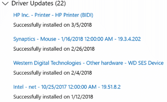 view recently installed driver updates in Windows 10 pic01