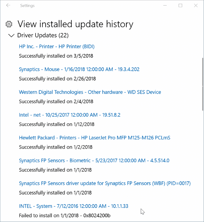 view recently installed driver updates in Windows 10 pic3
