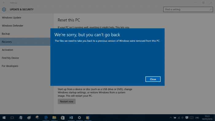 we are sorry but we can't go back in Windows 10