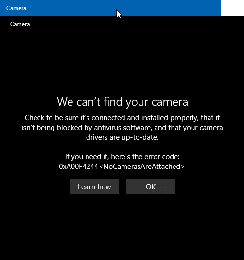 we can't find your camera error in Windows 10