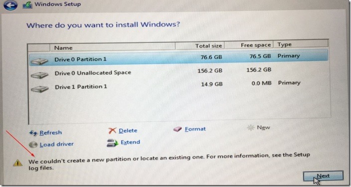 we could not create a new partition error Windows 10